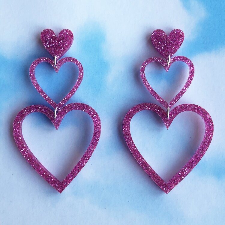 Baby pink glitter HEART triple drop earrings — NO BASIC BOMBSHELL