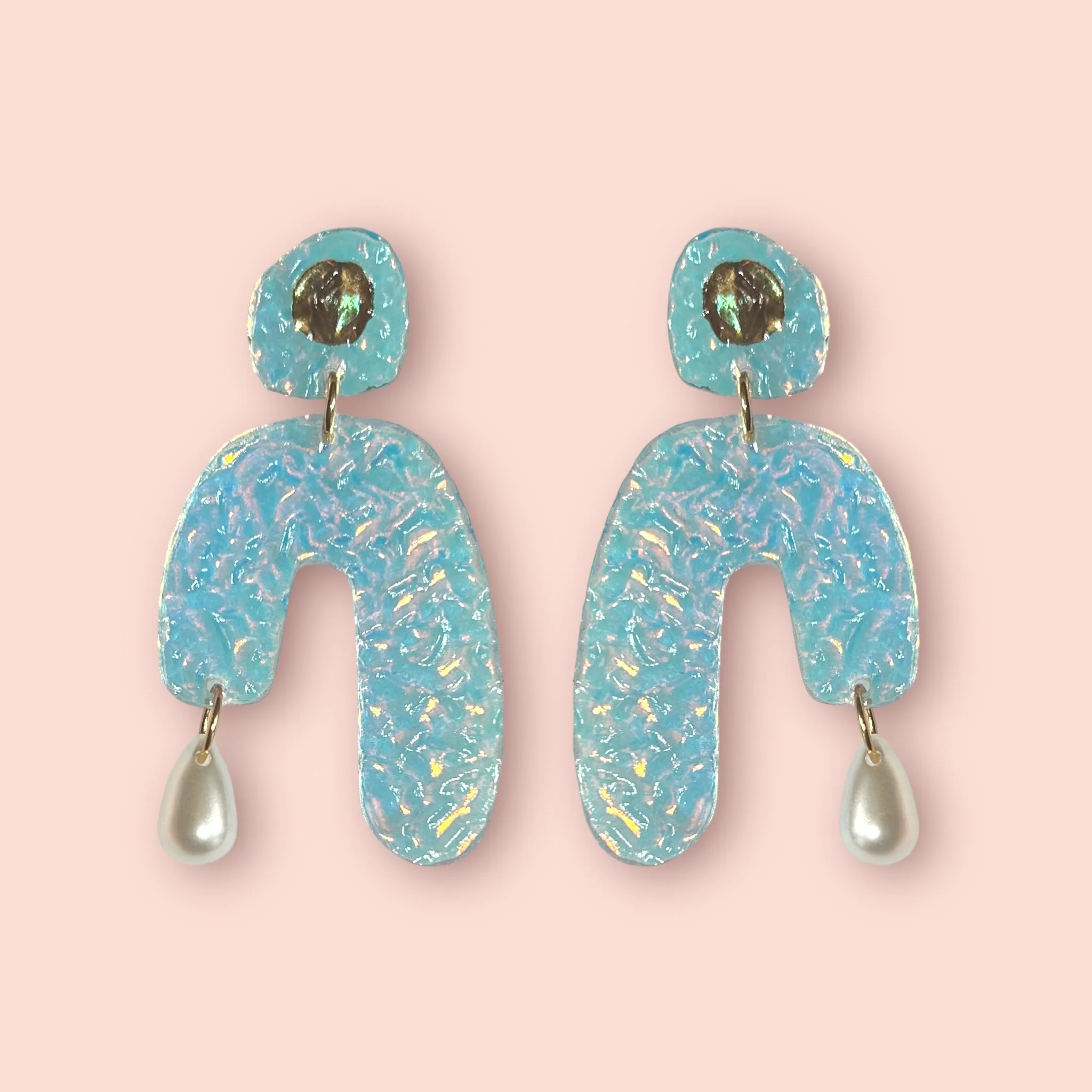WAVE PEARL DROP STUDS  - MERMAID HOLOGRAPHIC RIPPLE
