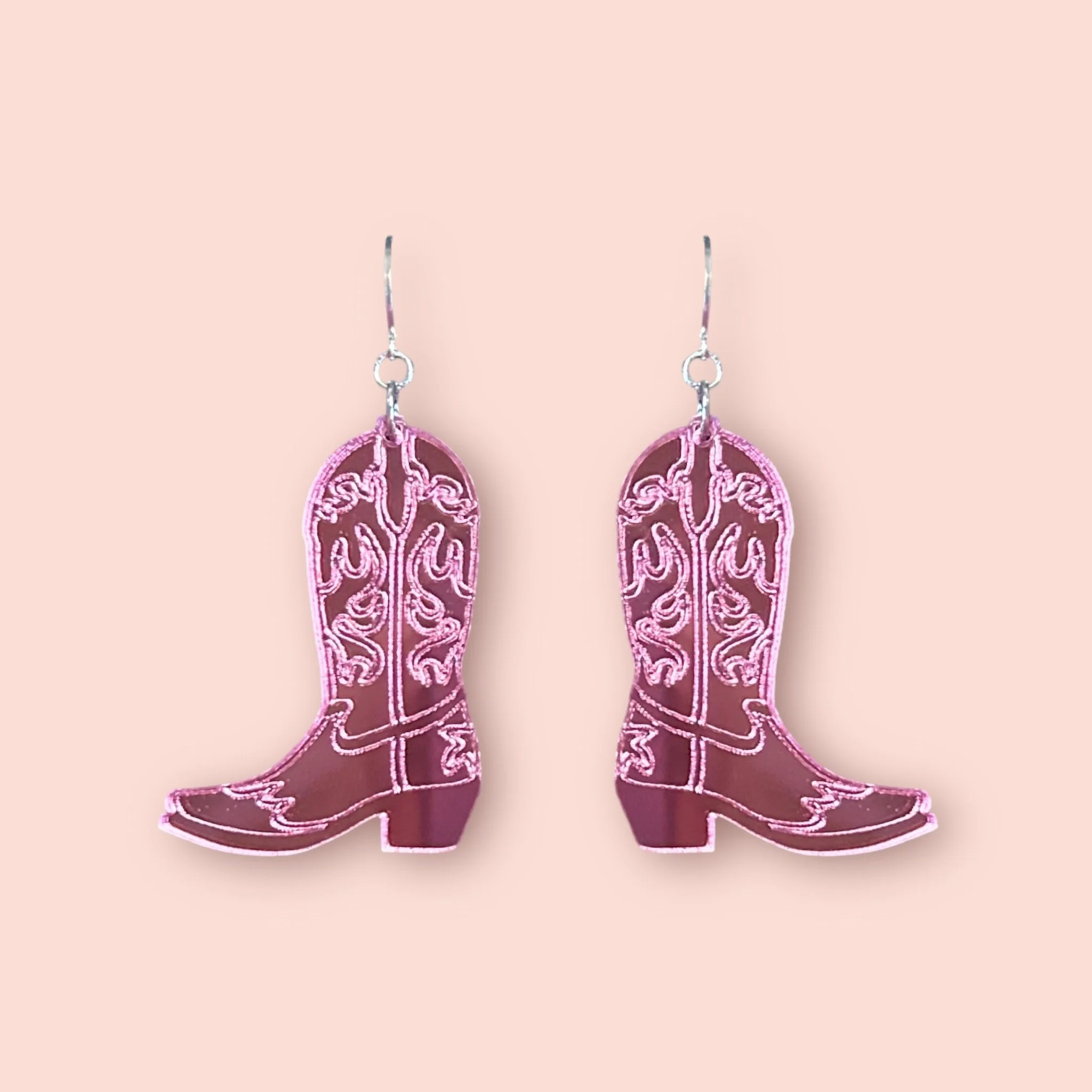 LARGE MIRROR ETCHED COWBOY BOOT DANGLERS - PINK