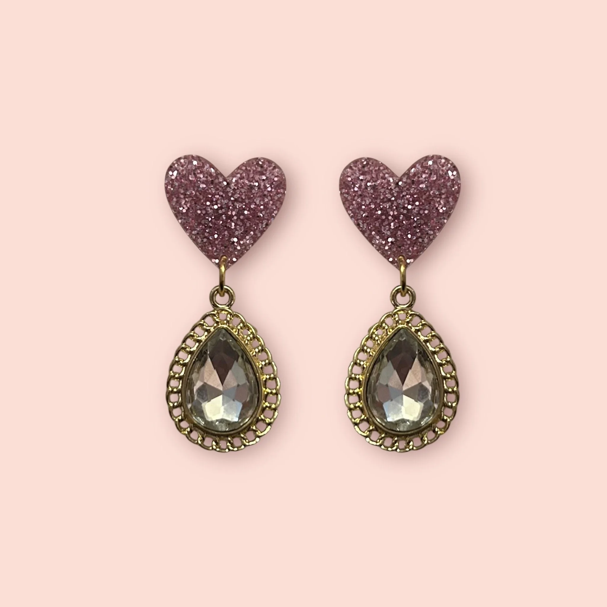 BABY PINK GLITTER HEART STUD GEM CHAIN DROPLETS