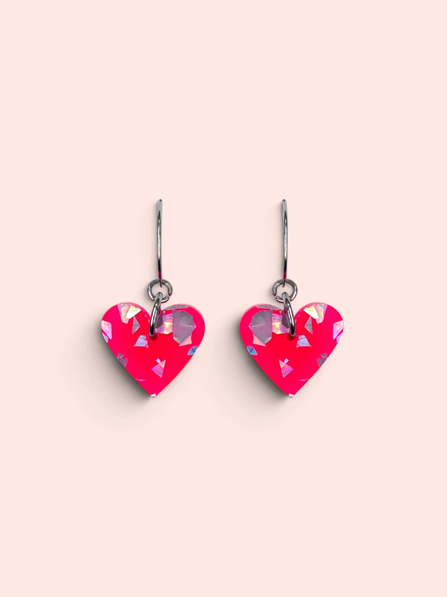 MINI HOT PINK/SILVER HOLO GLITTER HEART HOOPS