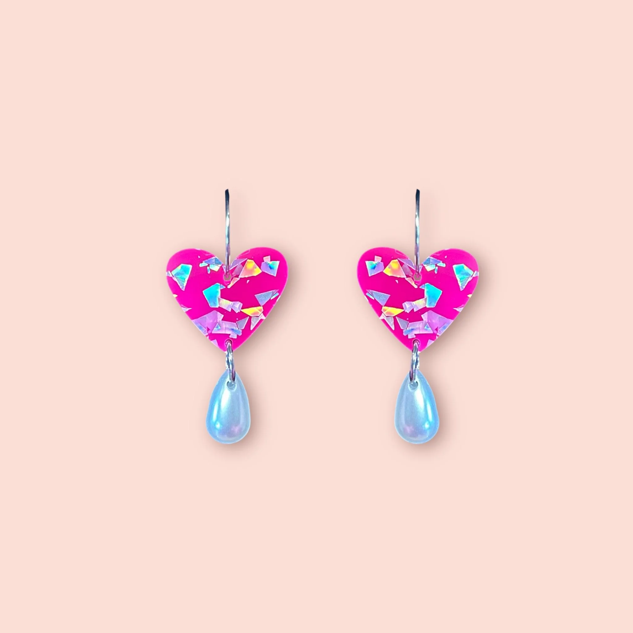 PINK HOLO FLECK PEARL DROP HEART HOOPS