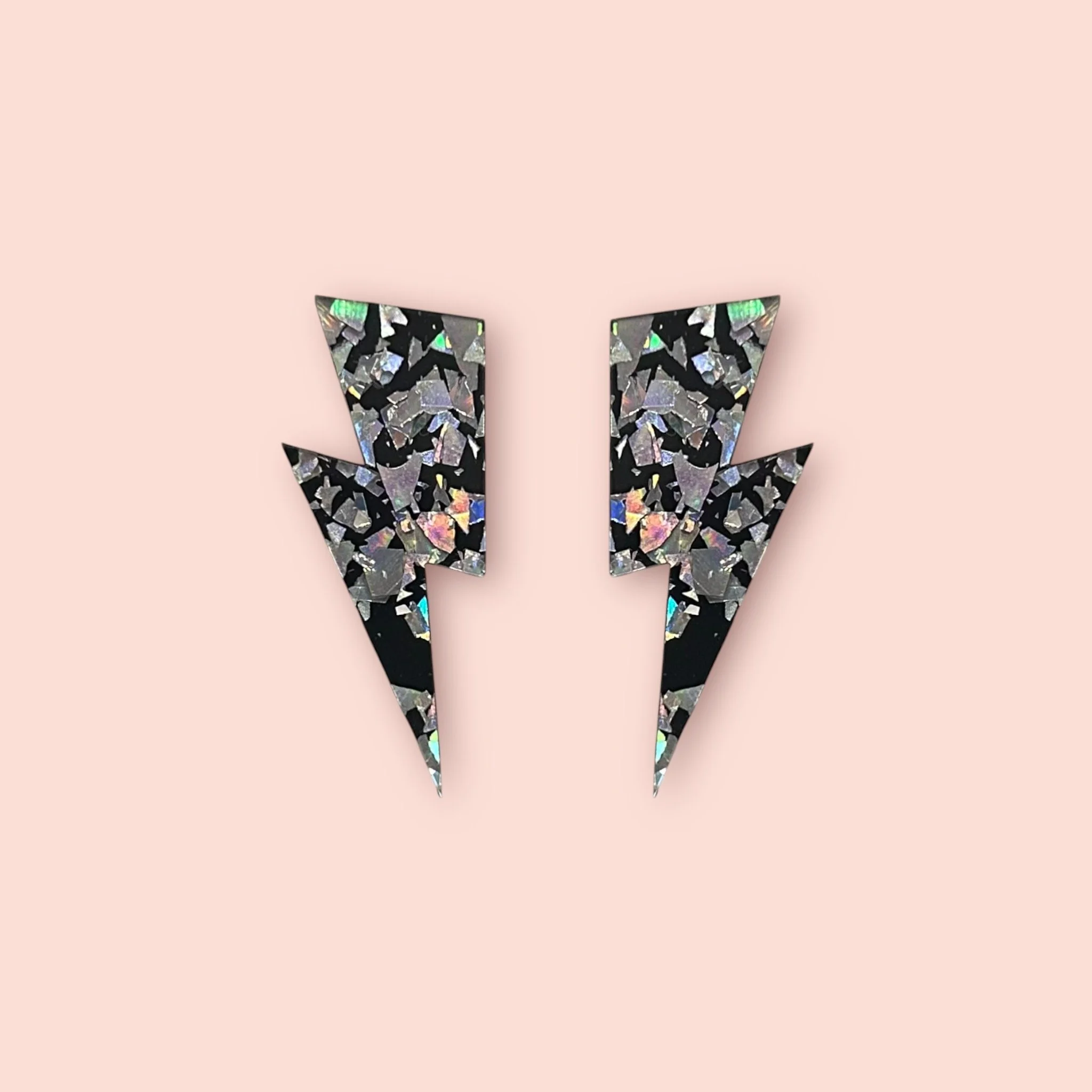 HOLO SILVER FLECK GLITTER LIGHTNING BOLT STUDS