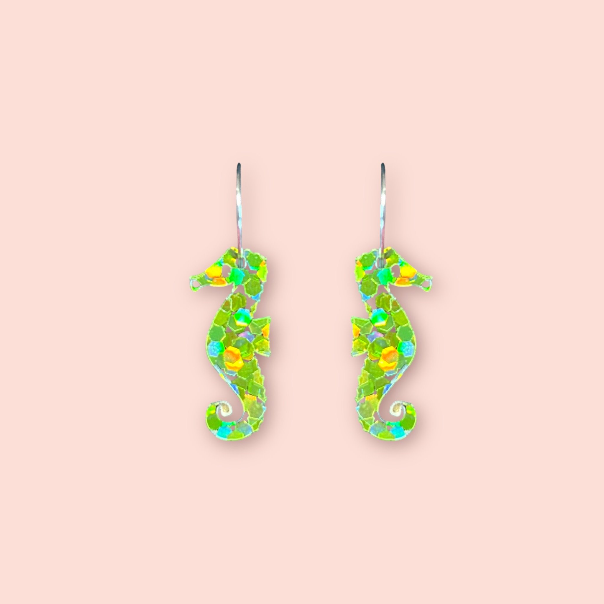 MEDIUM LIME HOLO GLITTER SEAHORSE HOOPS