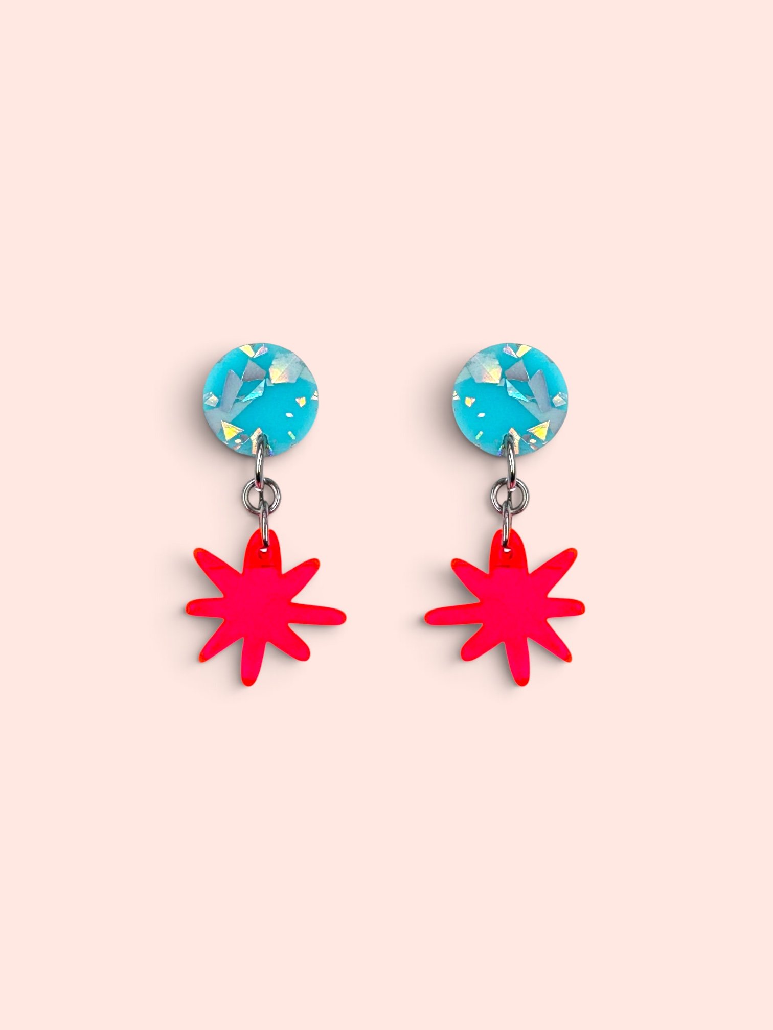 MINI NEON PINK SPLATS with BABY BLUE/HOLO STUDS