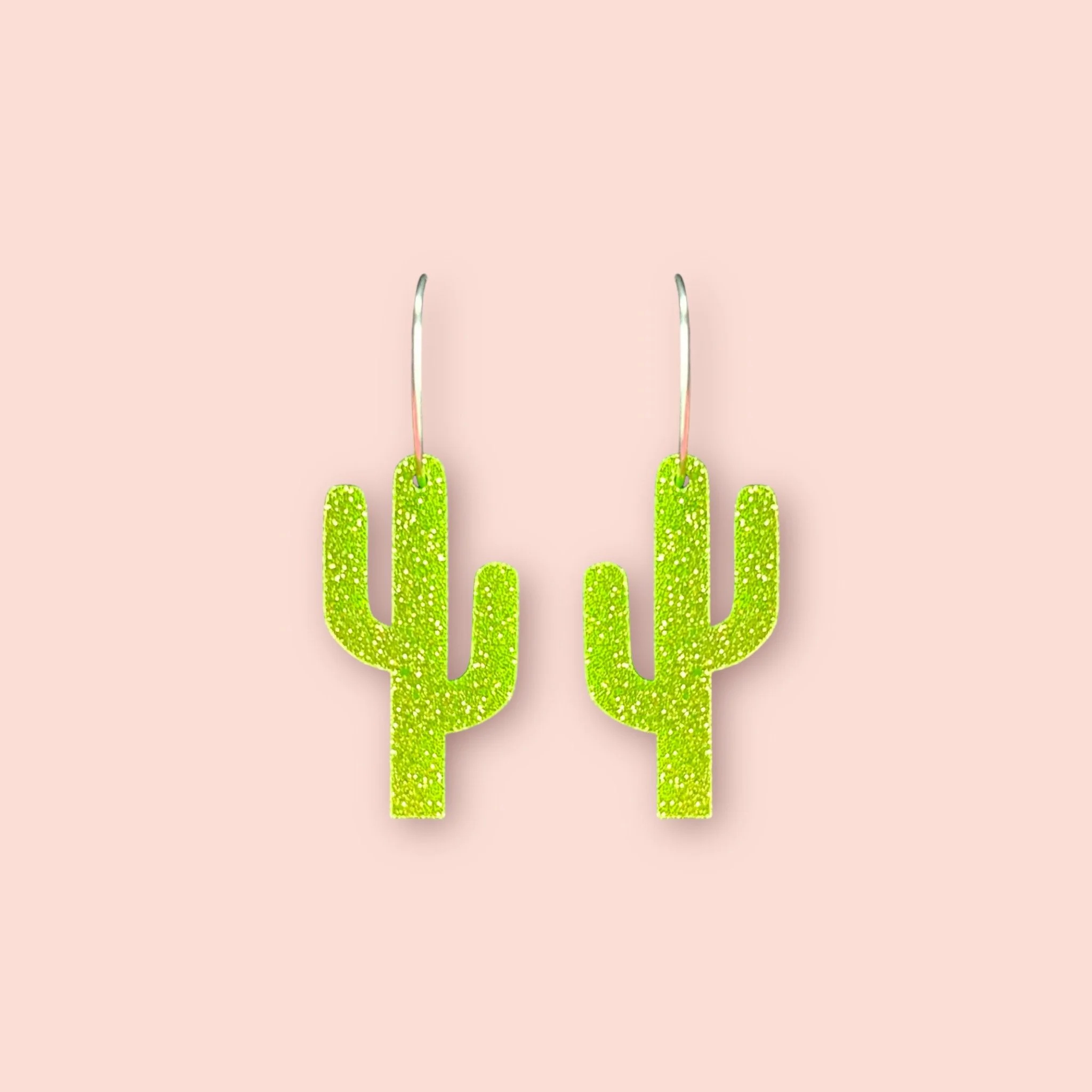 MEDIUM LIGHT GREEN GLITTER CACTUS HOOPS