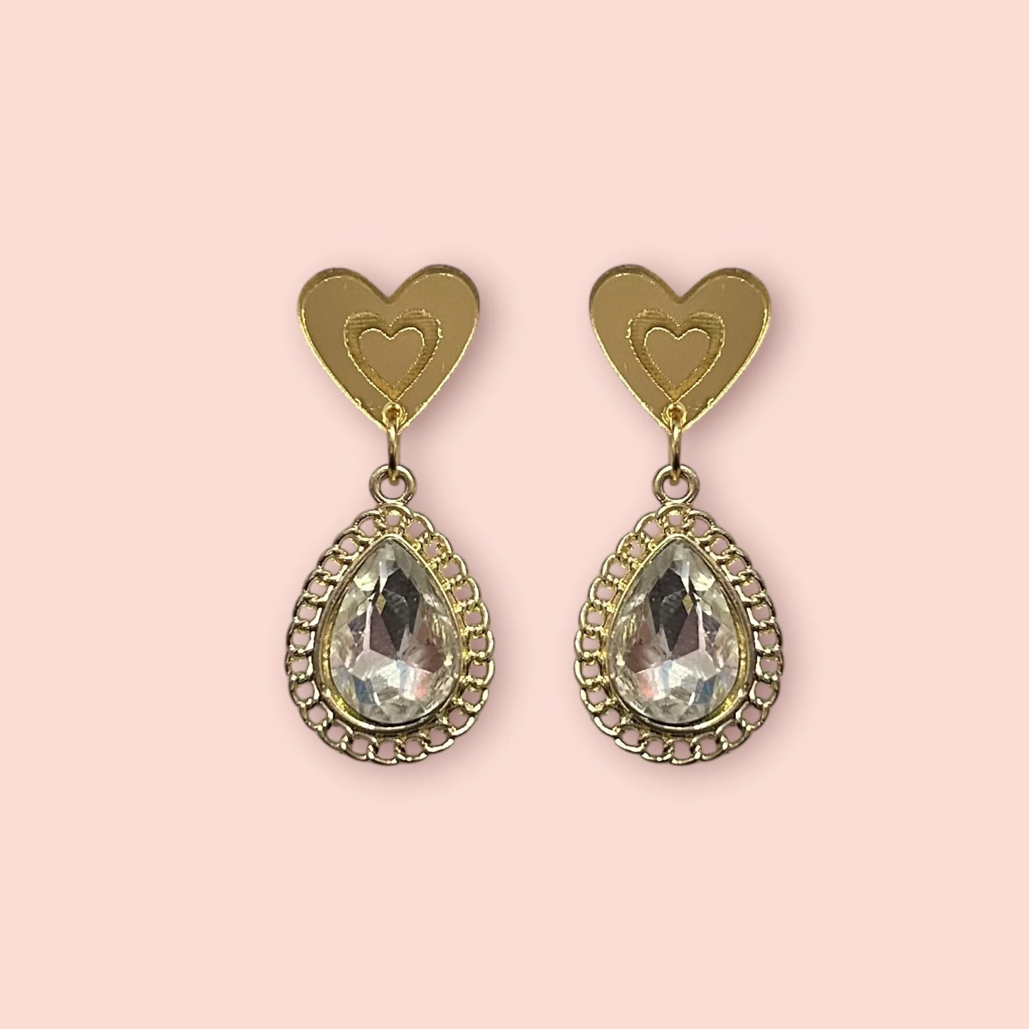 GOLD MIRROR HEART STUD GEM CHAIN DROPLETS