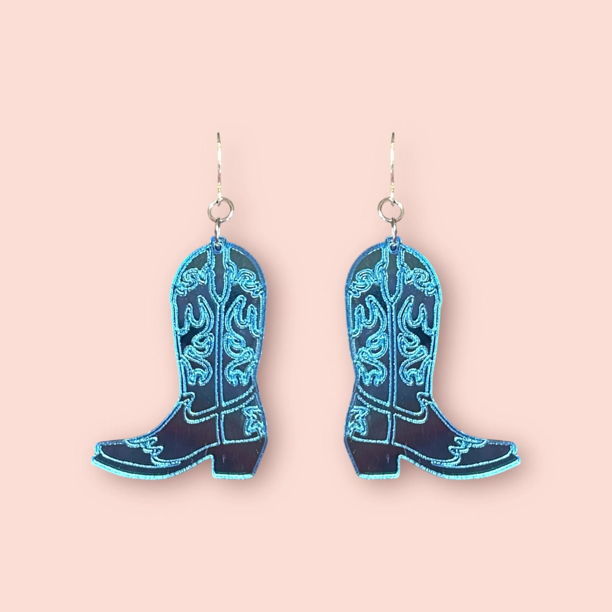 LARGE MIRROR ETCHED COWBOY BOOT DANGLERS - BLUE