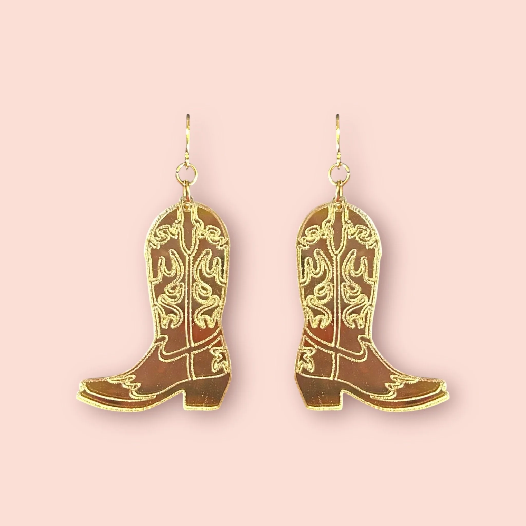 LARGE MIRROR ETCHED COWBOY BOOT DANGLERS - GOLD