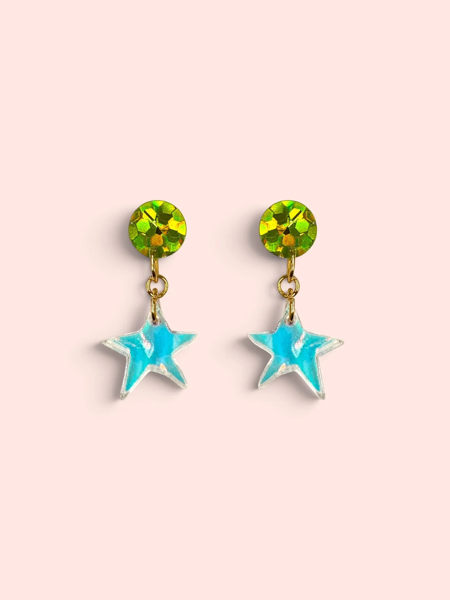MINI IRIDESCENT STARS with LIME GREEN GLITTER STUDS
