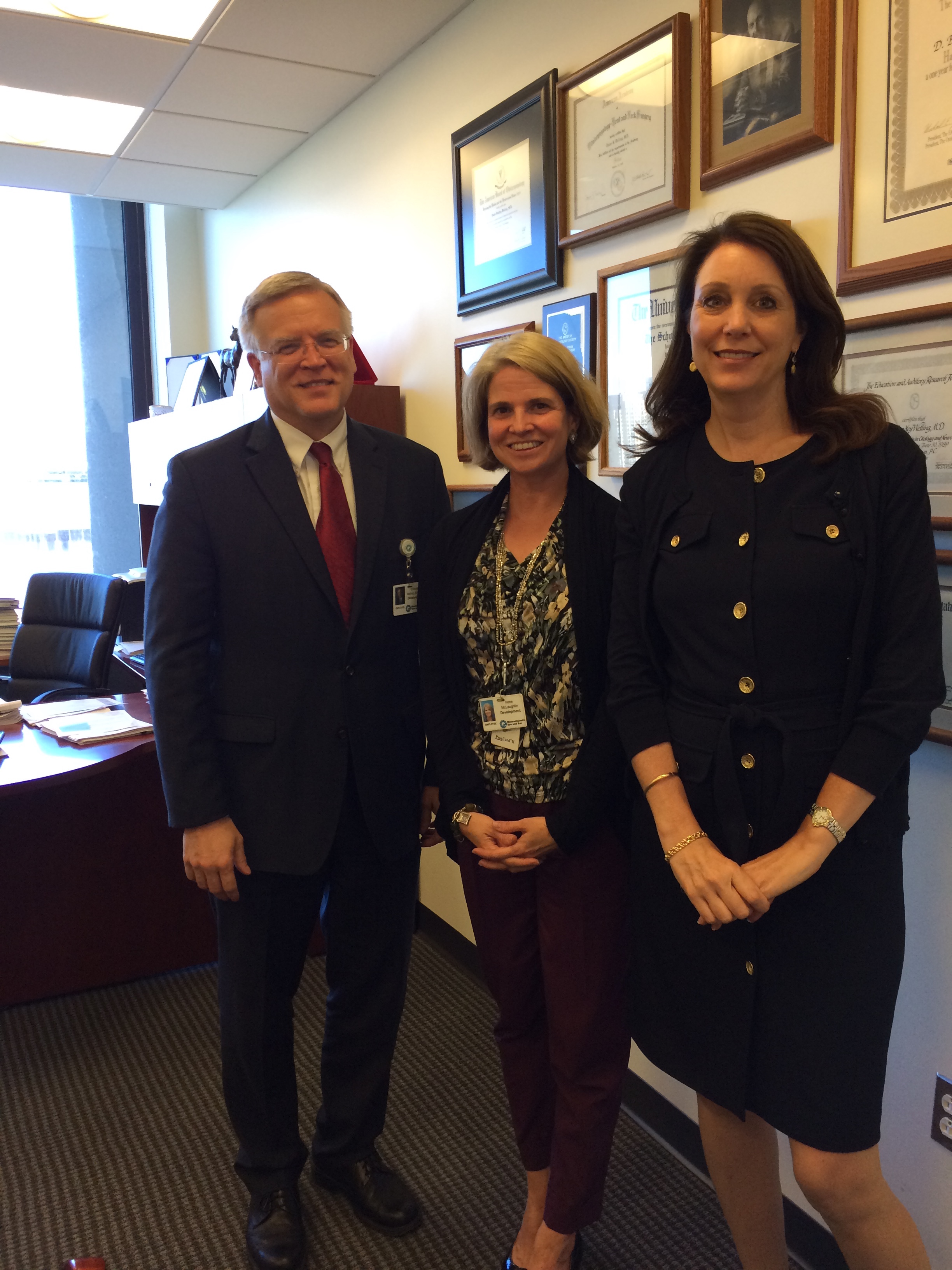 Pictured from left to right: Brad Welling, M.D., Ph.D, Chief of Otolaryngology, Irene Hammer-McLaughlin, Senior Director of Development, Otolaryngology and Melissa Paul, Chief Development Officer, Mass. Eye and Ear