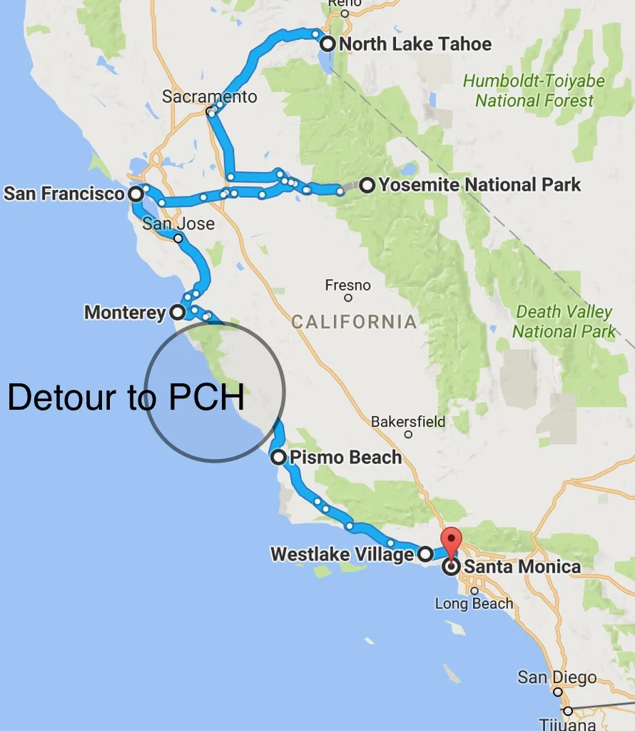 Itinerary: Lake Tahoe Yosemite National Park San Francisco PCH: Monterey, Pismo Beach WestLake Villiage Santa Monica / Venice L.A.