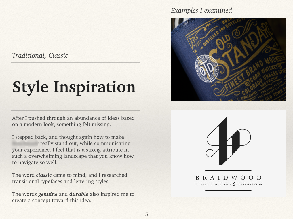 Simple slide from a logo presentation showcasing some attributes I examined in the design process. 