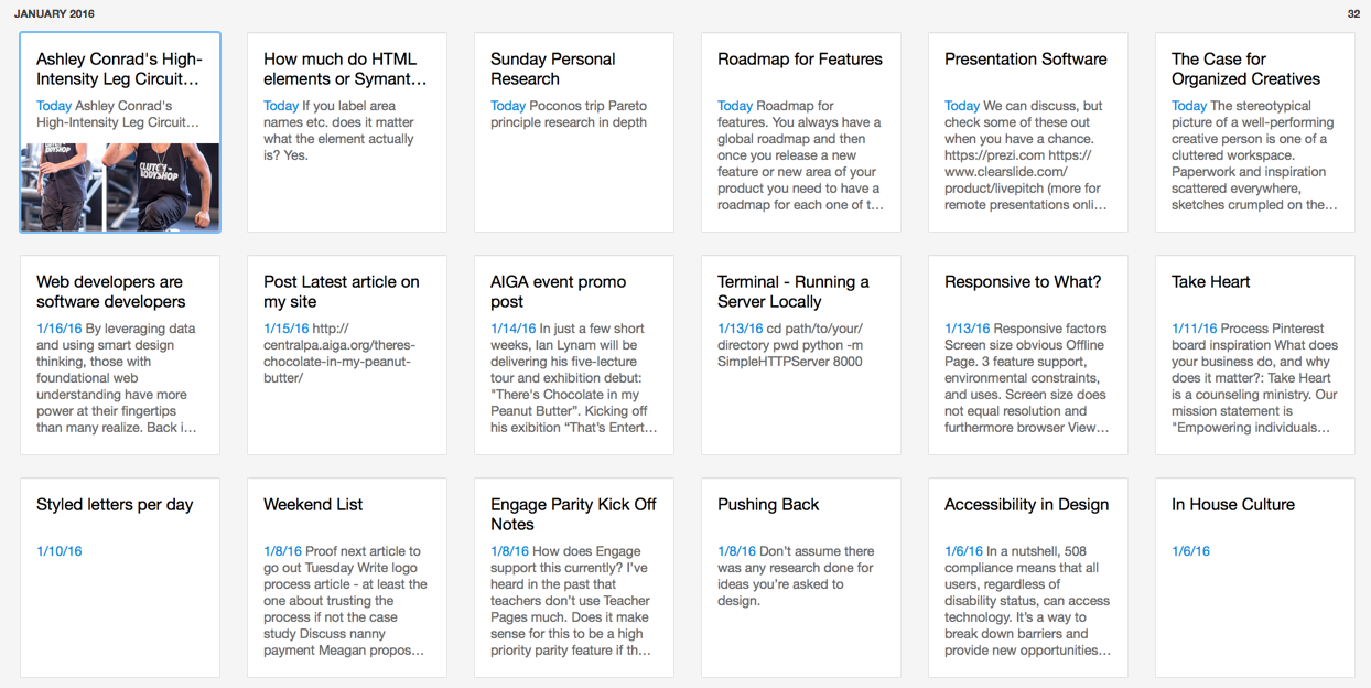 I save every idea or resources in Evernote right when I'm thinking about it.