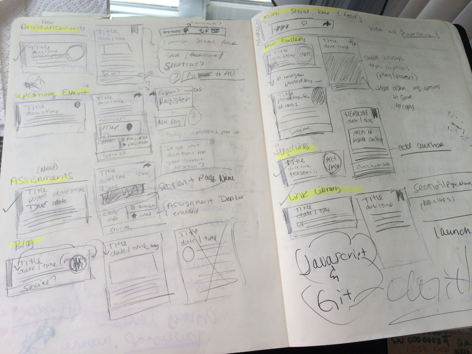 Sketching some possibilities for the feed and each data type by pencil before I hit the screen.