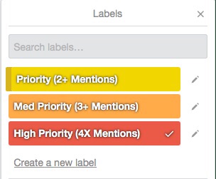 Priority labels in Trello, color coded.