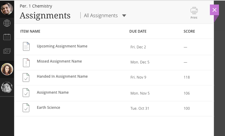 In the Assignments view, I used a combination of color and separate metaphors to correlate with status for each assignment's state. This helps with accessibility because users can see a difference in status without solely relying on color, making scanning easier for those who can see both as well.