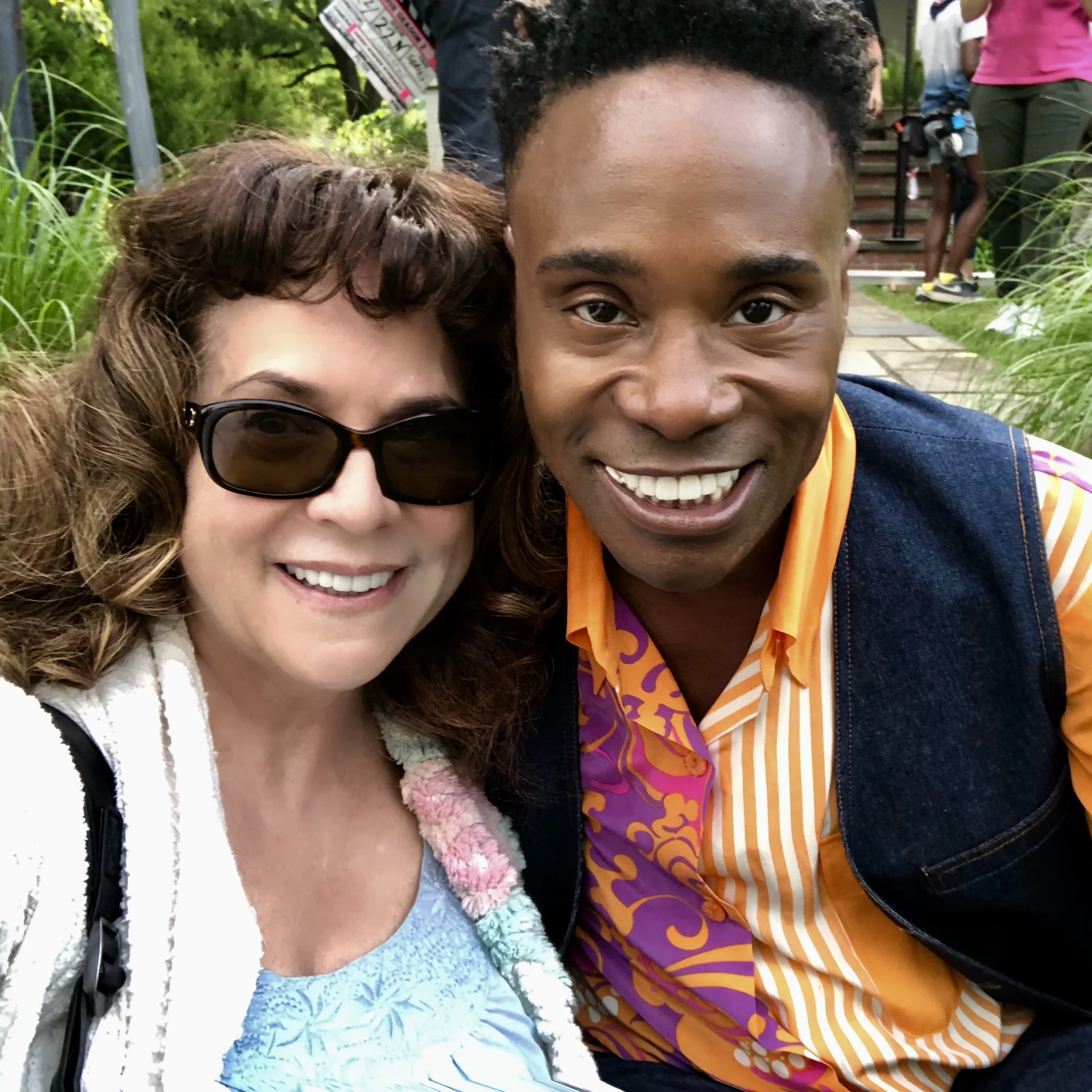 Billy Porter, star of POSE and me after I filmed my scene as Patti LuPone’s inquisitive neighbor in curlers.