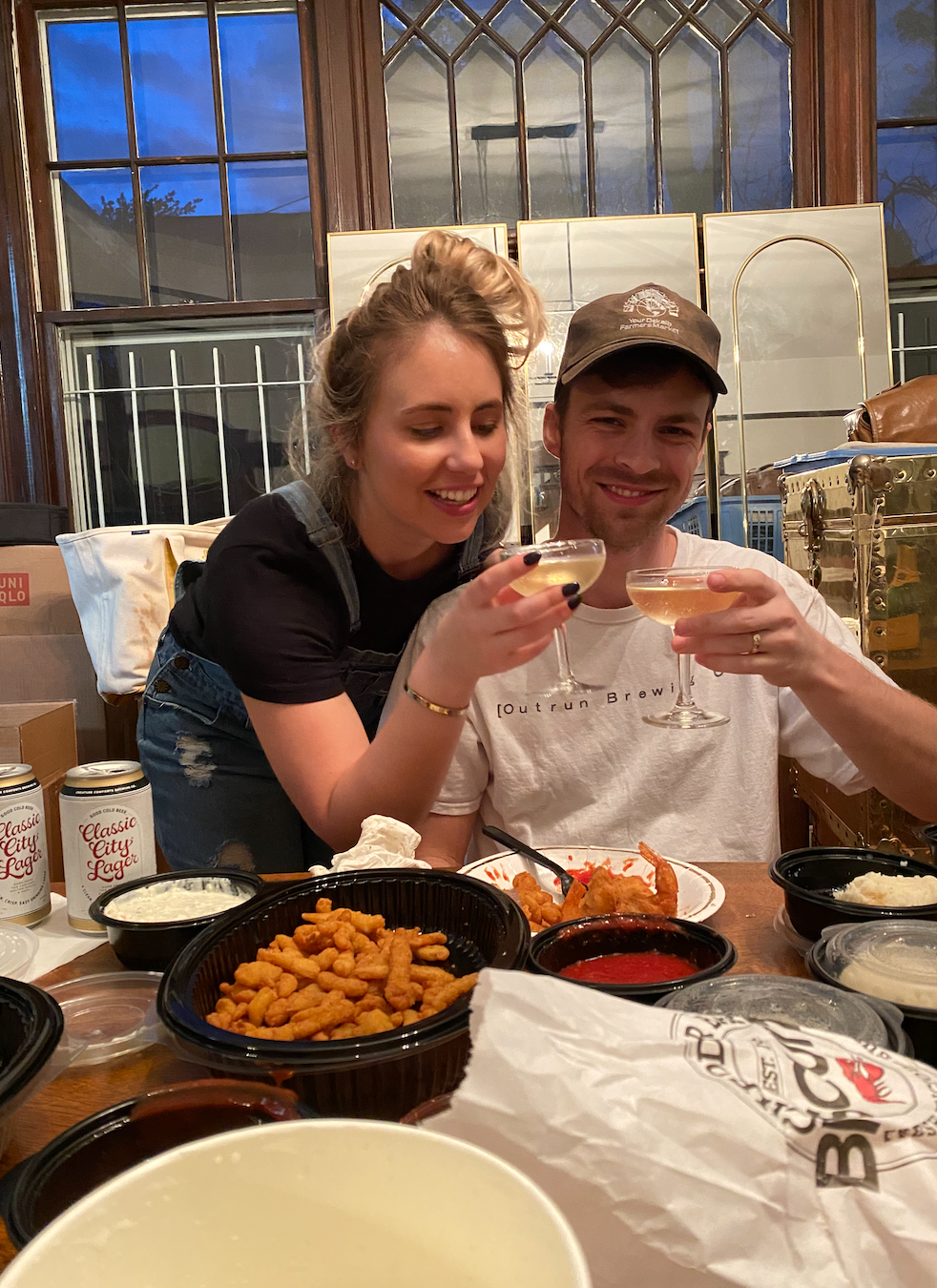 celebrating our first night with our friend Bob, Veuve and Red Lobster