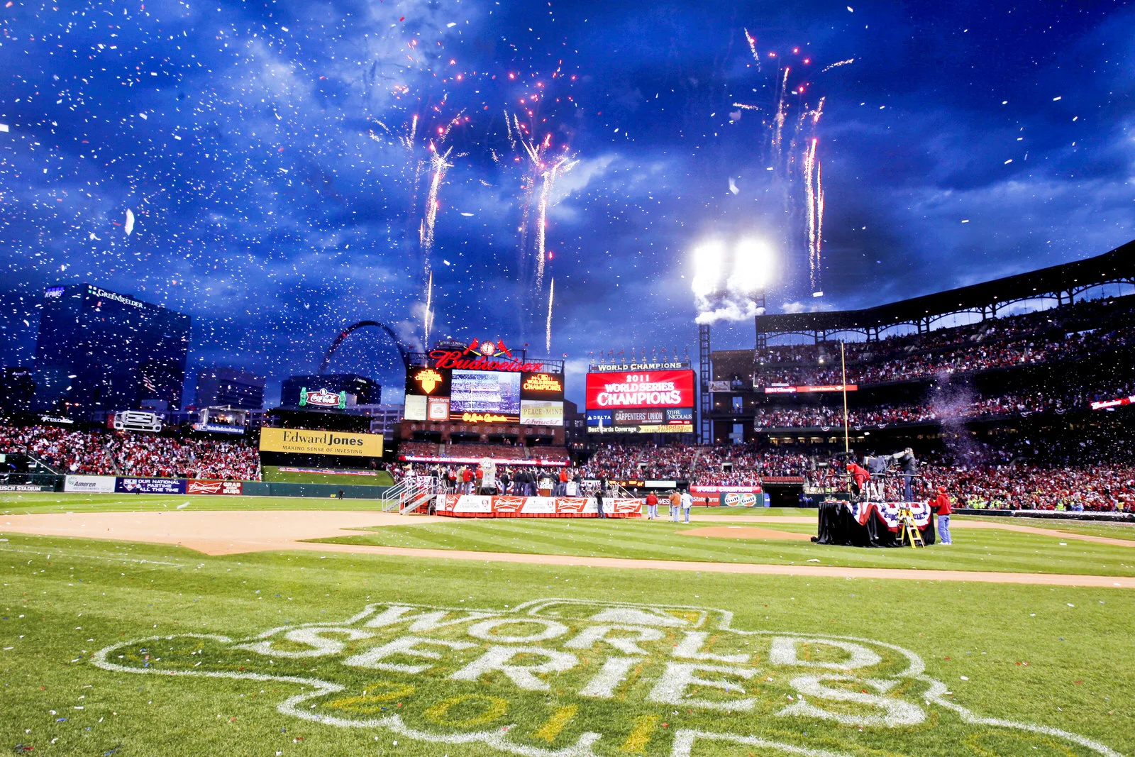  Fireworks end the Busch Stadium Ceremony of the St. Louis Cardinals World Championship Celebration in St Louis, Mo., on&nbsp;October 30, 2011. 