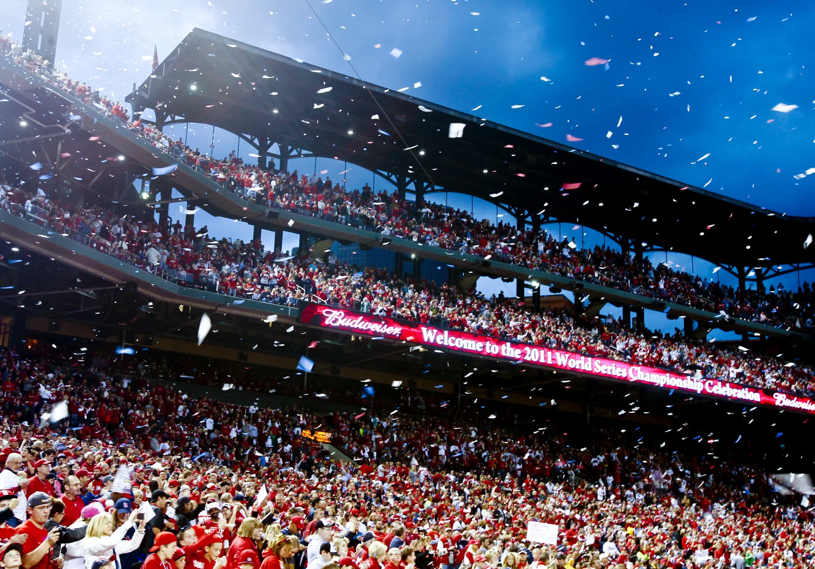 Confetti falls on fans during the Busch Stadium Ceremony of the St. Louis Cardinals World Championship Celebration in St. Louis, Mo., on&nbsp;October 30, 2011. 