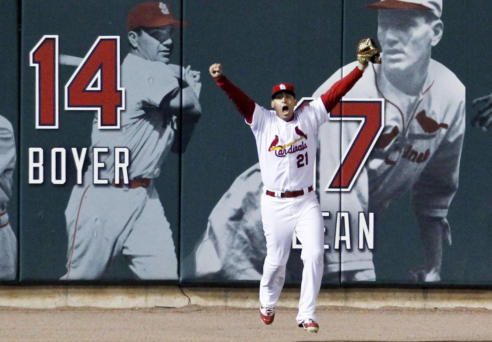  St. Louis Cardinals' Allen Craig celebrates after making the final out and defeating the Texas Rangers in Game 7 to win MLB's World Series baseball championship in St. Louis, Mo., on&nbsp;October 28, 2011.&nbsp; 