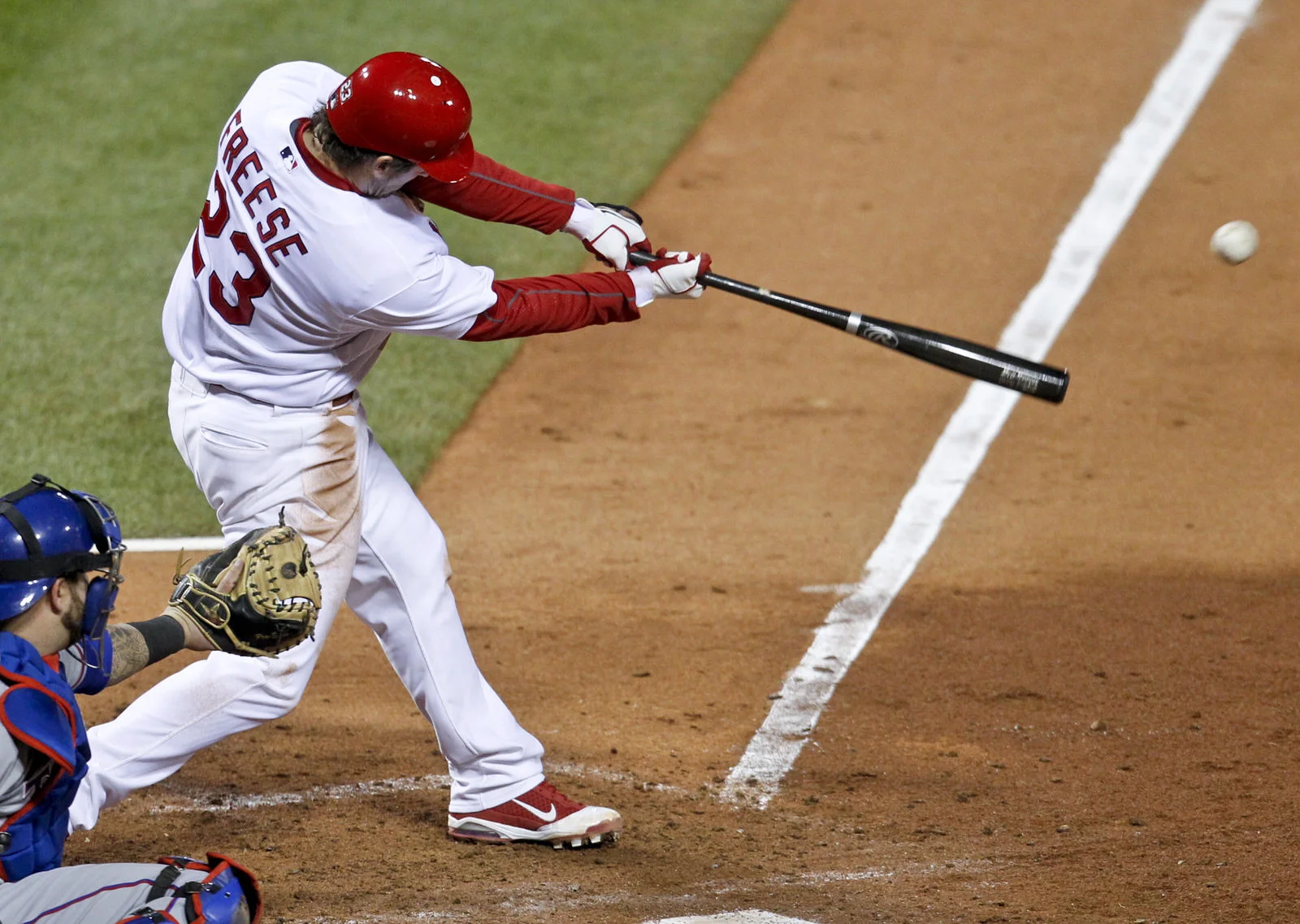  St. Louis Cardinals' David Freese hits the game winning home run against the Texas Rangers in the eleventh inning of&nbsp;Game 6 of MLB's World Series baseball championship in St. Louis, Mo.,&nbsp;on October 27, 2011. 