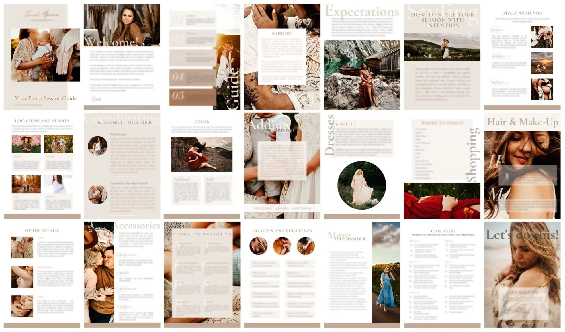 Collage of lifestyle photography guide pages, with images of people at different locations and seasons, styling tips, checklists, and advice on dresses, accessories, hair, and makeup.