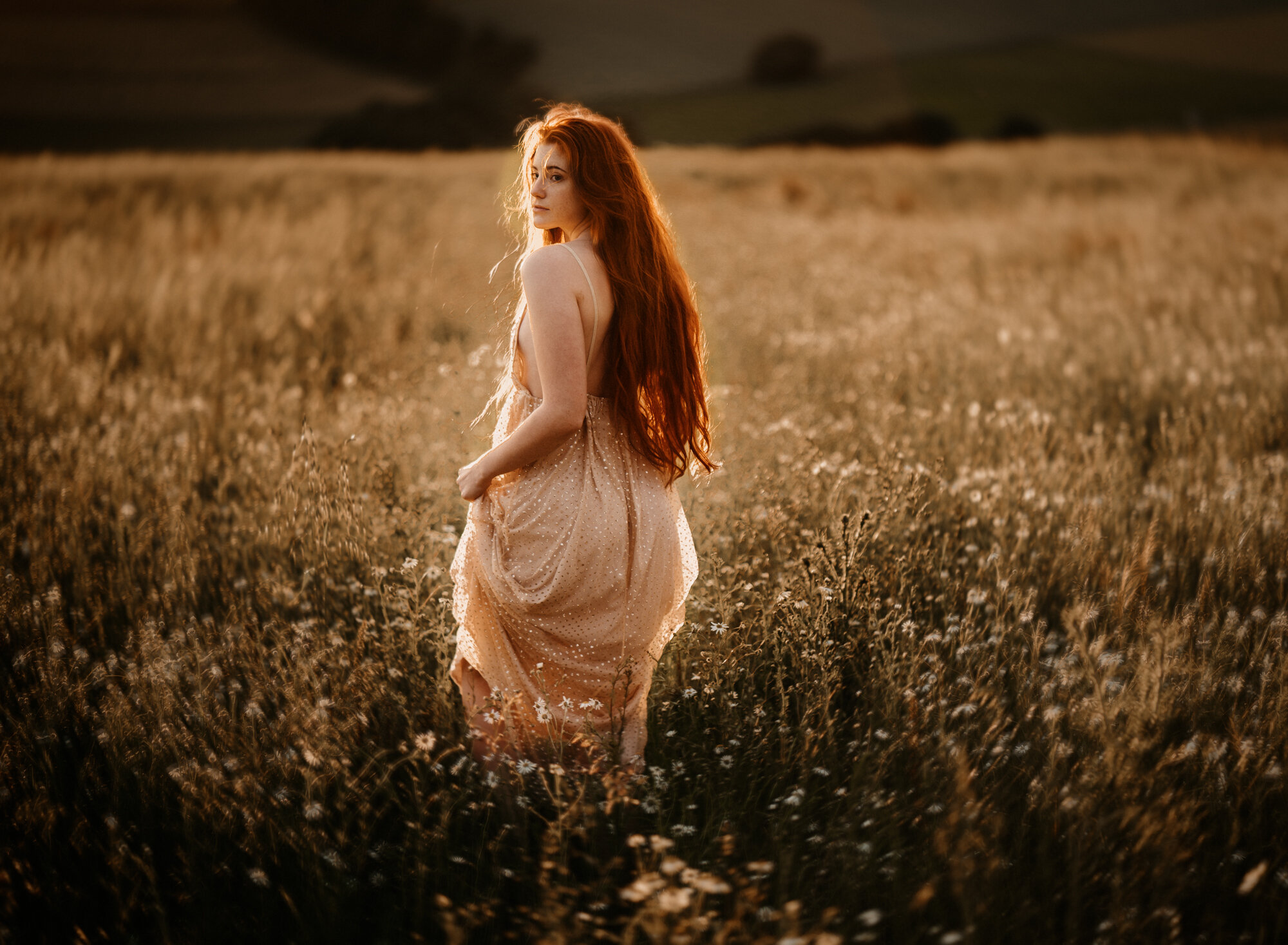  Young red head girl wearing a gold sparkling dress in a wild flower field in summer during sunset for her fine art portrait photo session by ramstein kmc photographer sarah havens, Kaiserslautern Germany 