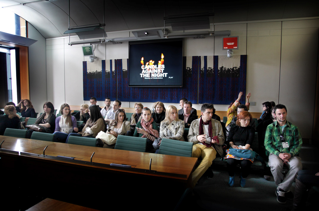 Young people from Srebrenica and Bratunac presenting the film 'Candles Against the Night', about their lives to UK politicians at the House of Commons, London 2012.