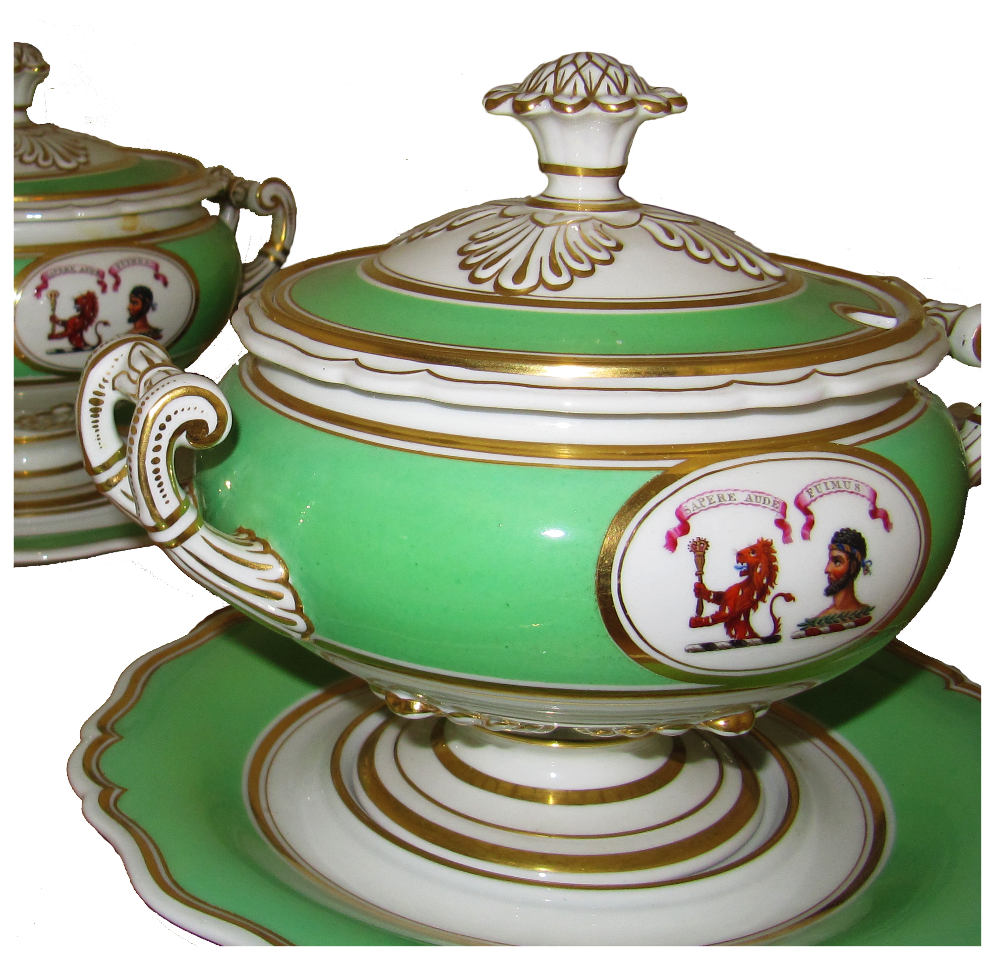 A Pair of Worcester (Flight, Barr & Barr) Porcelain Green-Ground Tureens, Covers and Stands