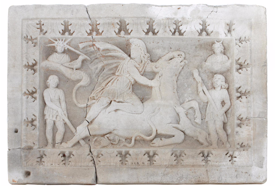 A Roman Carved Stone Panel of Mithras Tauroctonus