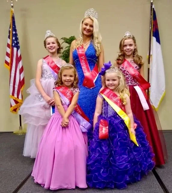 2018 Winners: Front (L-R): Miss Tiny Poppy: Ella Cate Chandler, Miss Toddler Poppy: Lily Abbott Miss Jr. Poppy: Arwen Burrows, Miss Poppy: Rachel Moore, Miss Petite Poppy: Jessie Lyn Kester