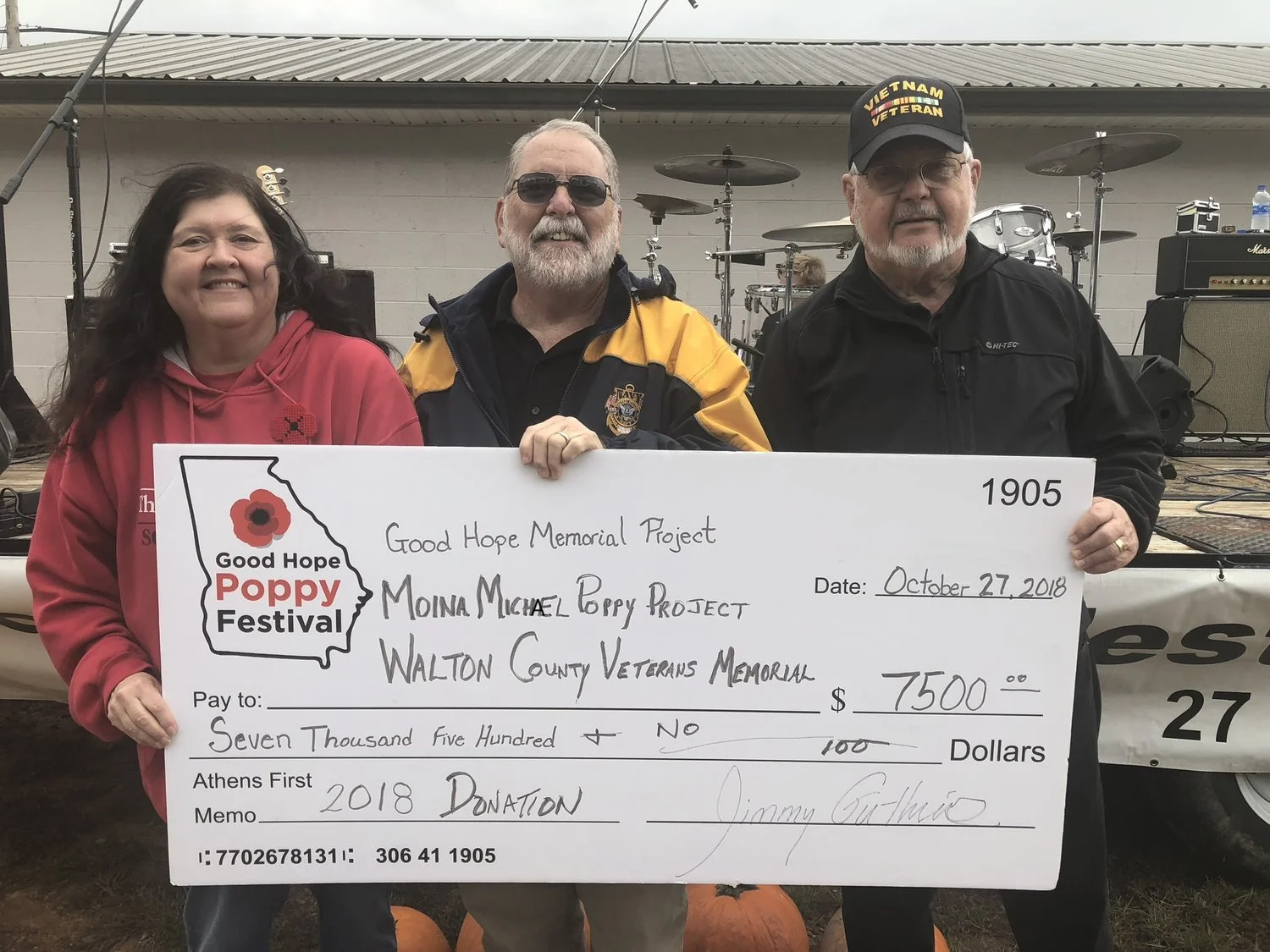 2018 Good Hope Poppy Festival proudly presented $8,500? (after all proceeds were counted) to: Walton County Veterans Memorial & Moina Michael Poppy Project : All Terrain Chair Initiative & Good Hope Veteran Memorial