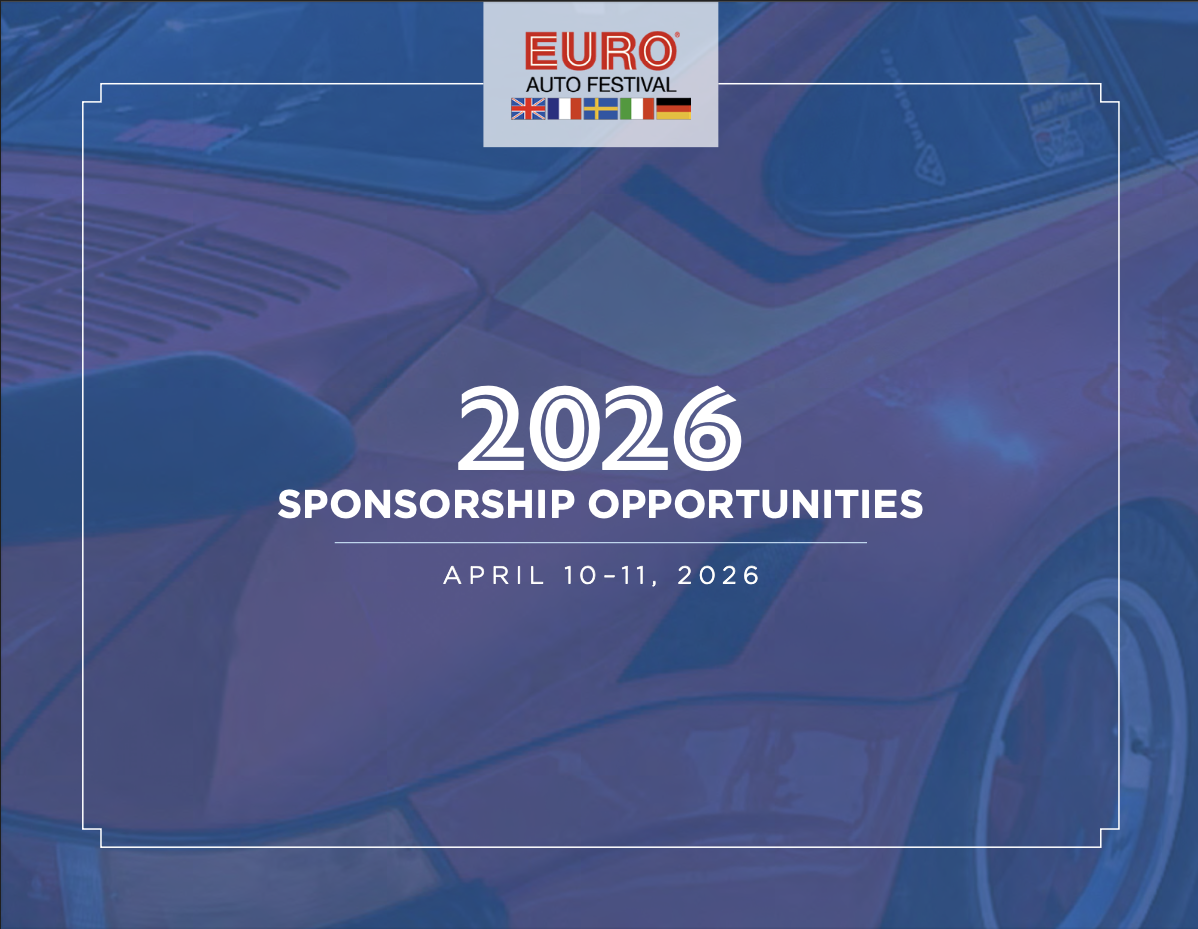 Poster for EURO Auto Festival 2026 highlighting sponsorship opportunities on April 10-11, 2026, with a background image of a sports car.