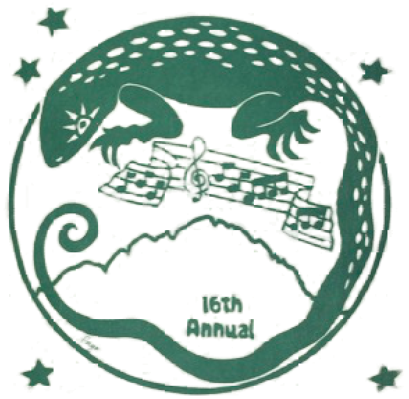 Original 2014 Crestone Music Festival pamphlet illustration: a green lizard encircling musical notes and mountains.