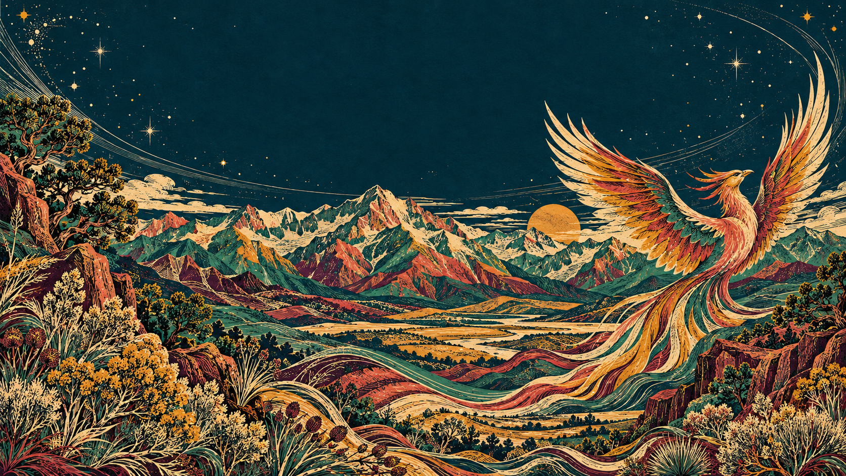 Original temporary concept artwork: a golden phoenix over a richly illustrated mountain valley beneath a starry teal sky. Commissioned festival artwork will replace this concept.