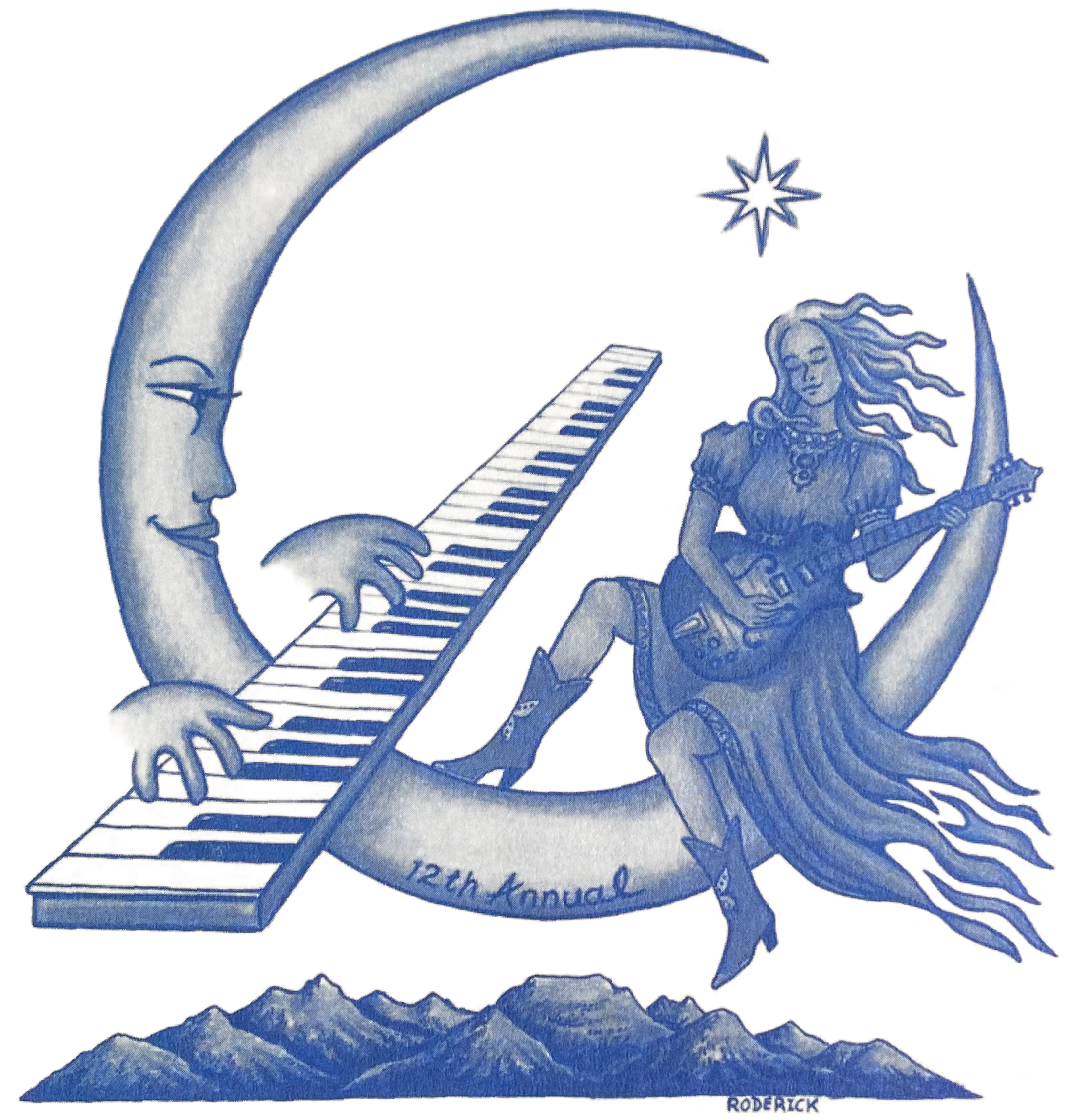 Original Crestone Music Festival illustration of a crescent moon playing piano beside a woman playing guitar, above the mountains.