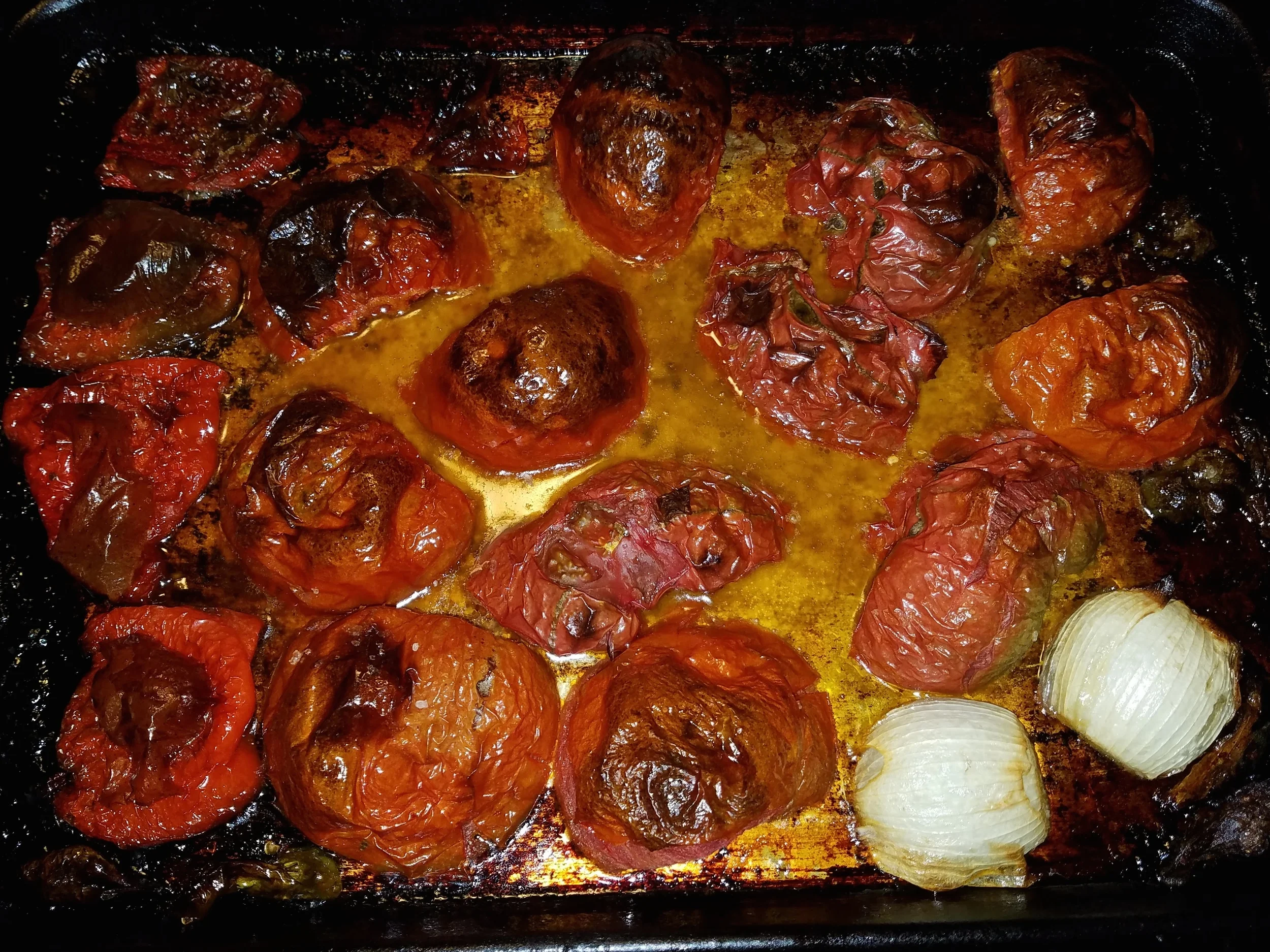 A different batch of tomatoes, peppers, and onions after roasting.