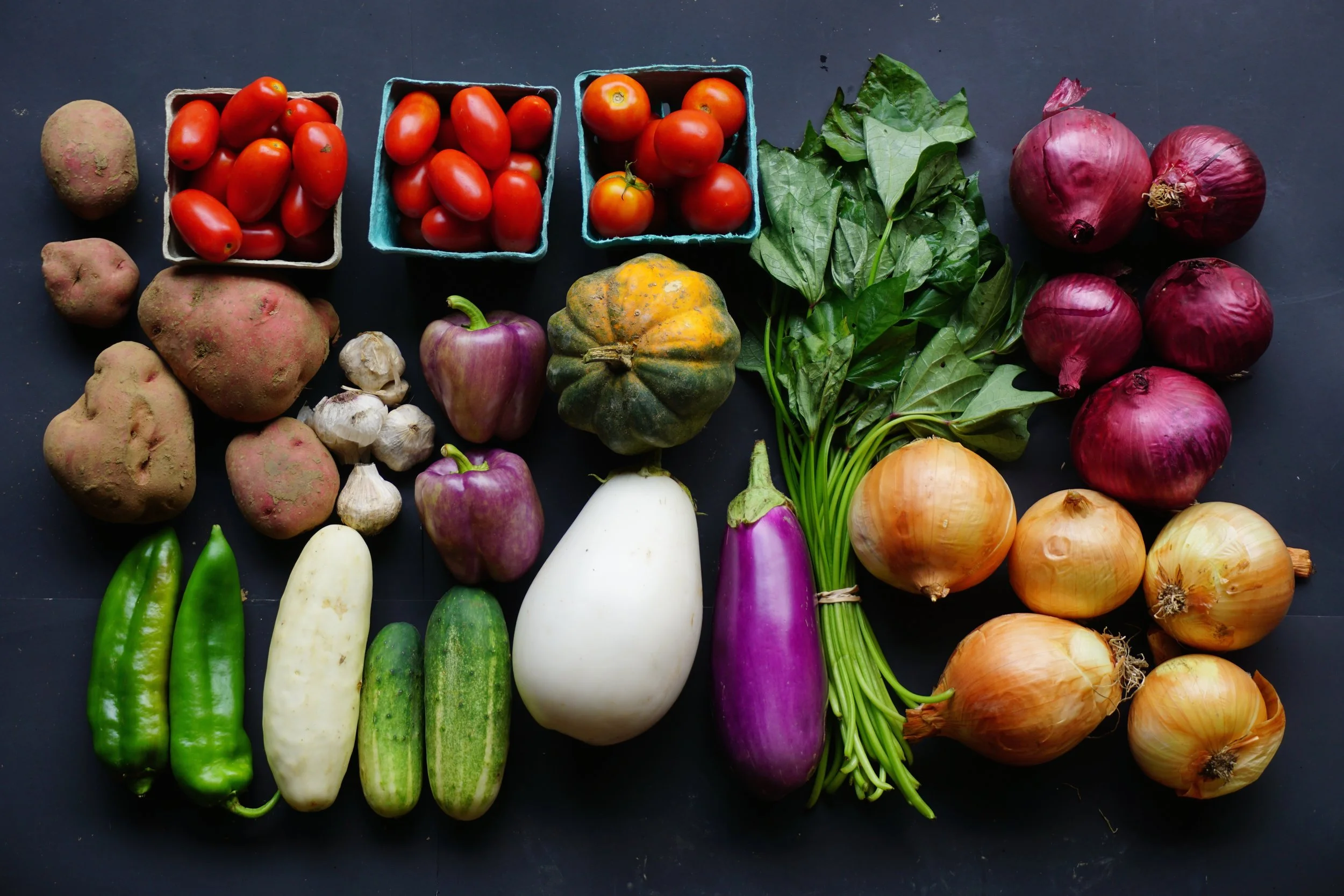 Your Week 19 share (clockwise, from top left): Roma tomatoes, Campari tomatoes, sweet potato greens, red onions, yellow onions, eggplant, acorn squash, bell peppers, cucumbers, garlic, sweet peppers, and potatoes.
