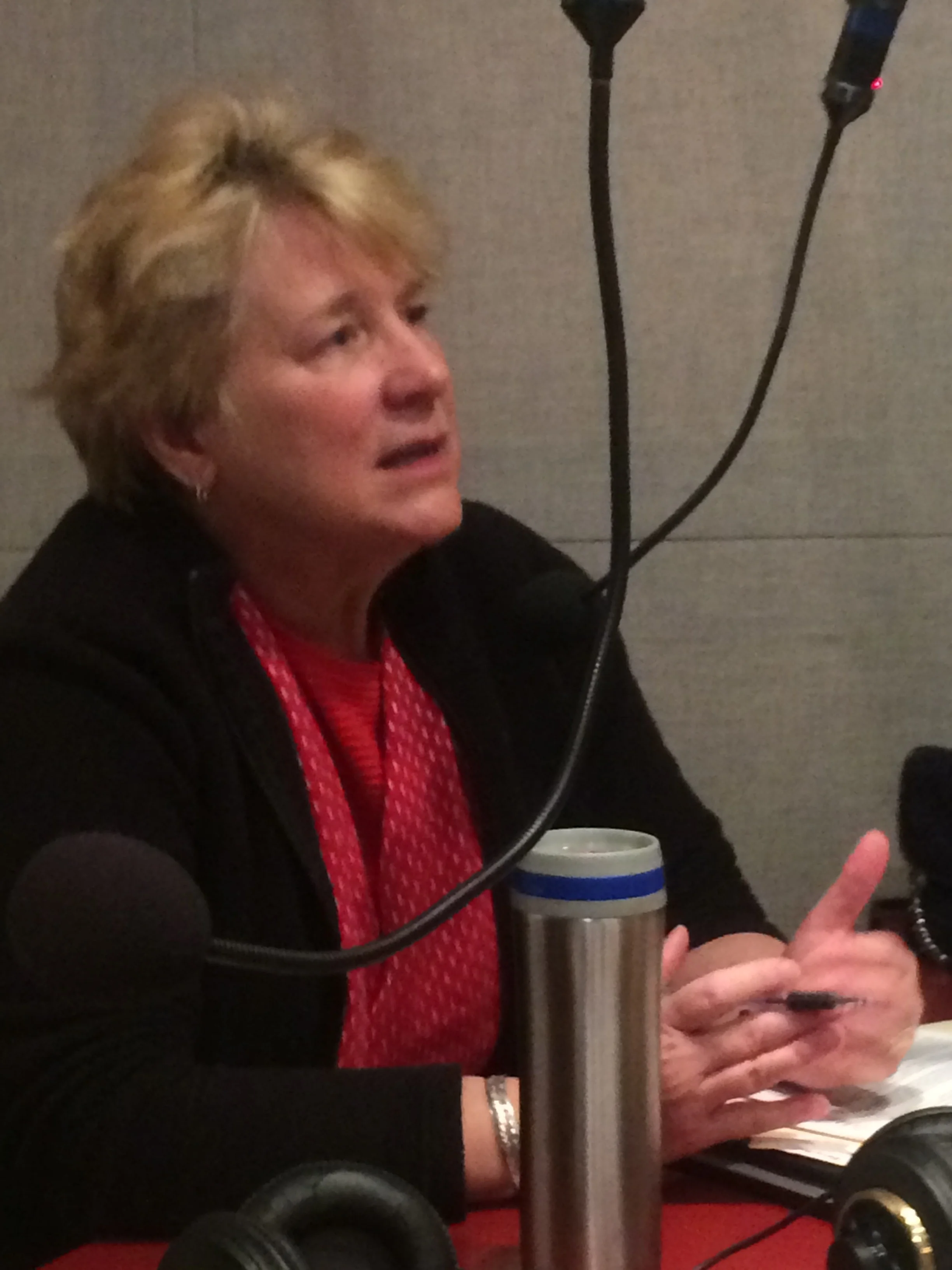 Former Boulder mayor Leslie Durgin at KGNU studio discussing Back Porch group recommendations including "Innovate for Impact"