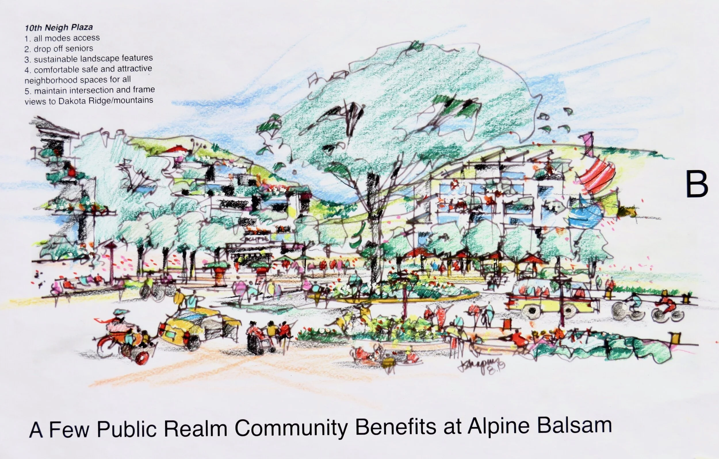 View of “all modes friendly” at a new 10th St Ecomobility Plaza on Alpine