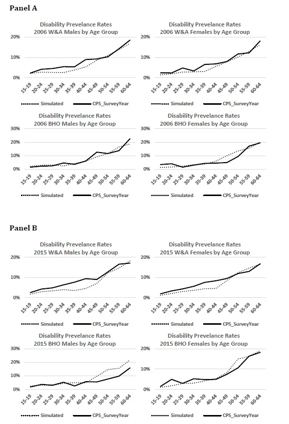 Figure 13: Disability prevalence rates by ethnic and age groups for 2006 (Panel A) and 2015 (Panel B).