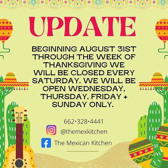 Starting this Wednesday we will be open on Wednesday&rsquo;s and CLOSED on Saturday&rsquo;s until Thanksgiving week! Come see us tonight and get some great food and tasty beverages!