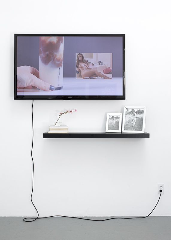 Muscle Milk Pour One, 2015, HD video, 10:32 and Lack 1, 2015, Mixed media, 44"x13"x11"