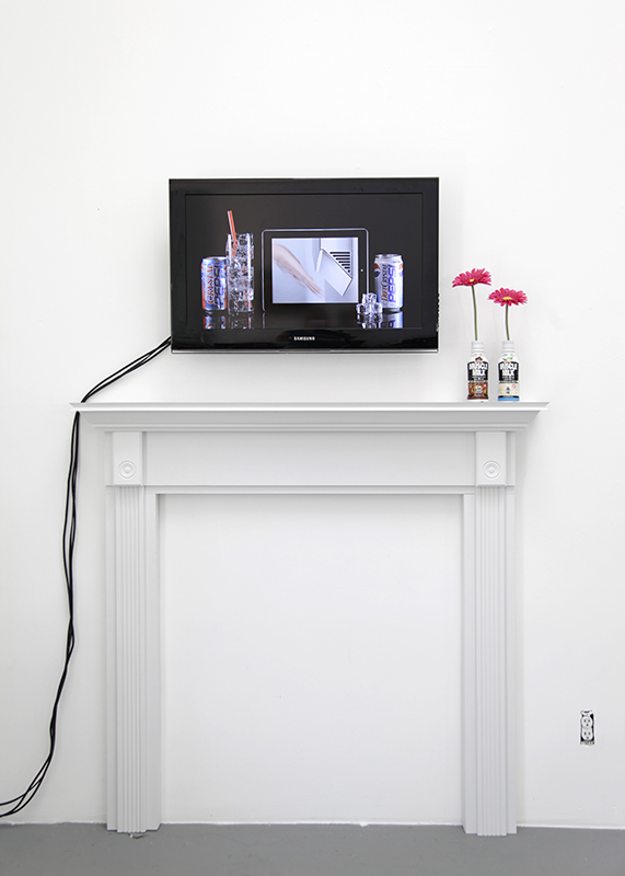 Crystal Pepsi Apple IPad Dyson Airblade, 2014, HD video, 3:08 and Mantel 2, 2014, MDF, wood, paint, objects, 55" x 52" x 7"