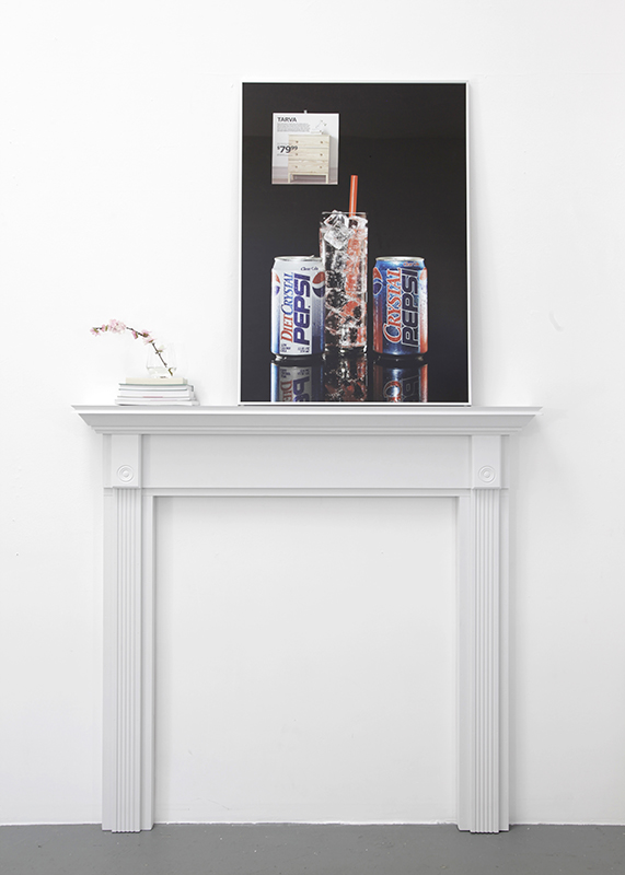 IKEA Crystal Pepsi, 2014, Archival inkjet print, catalog page, frame, 39 ¼" x 28" and Mantel 1, 2014, MDF, wood, paint, objects, 55" x 52" x 7"