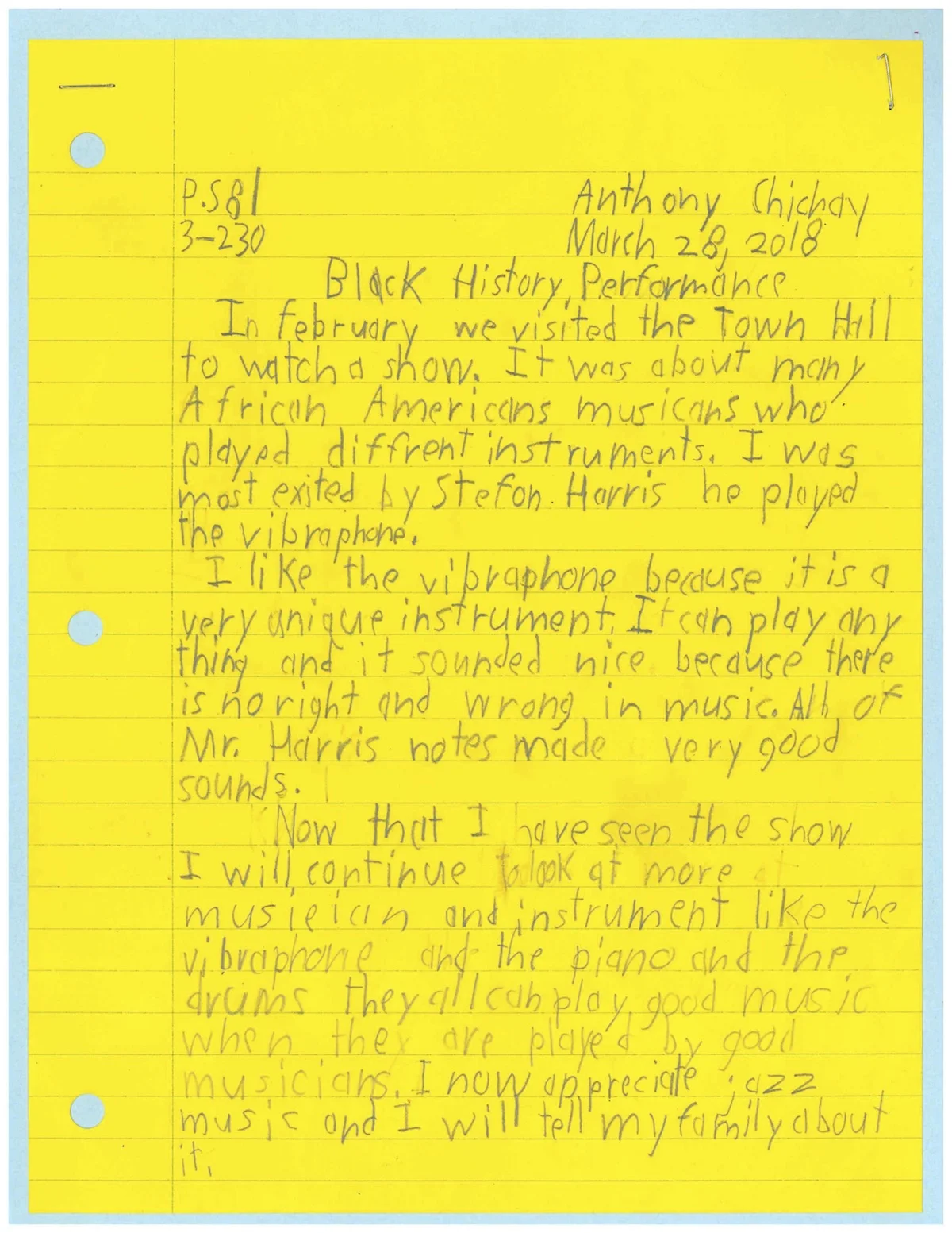 Anthony Chichay - 3rd grade - PS 81 Brooklyn Teacher: Ms. Goudy