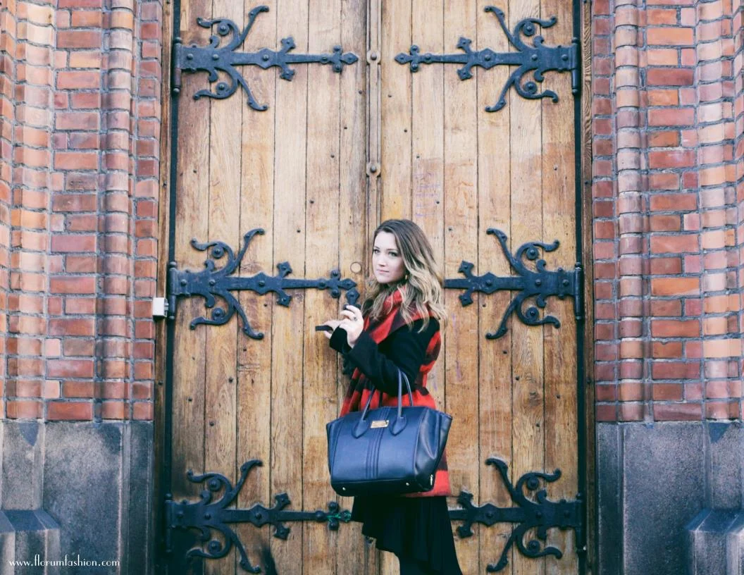 Noelle Lynne photographed by Nicholas Counts at Kulturkirken Jakob&nbsp;in Oslo, NorwayVintage Coat,&nbsp;Rebecca Taylor Knit Black Dress,&nbsp;Tote bag by&nbsp;Alexandra K Vegan Handbags, Vintage Amethyst Ring