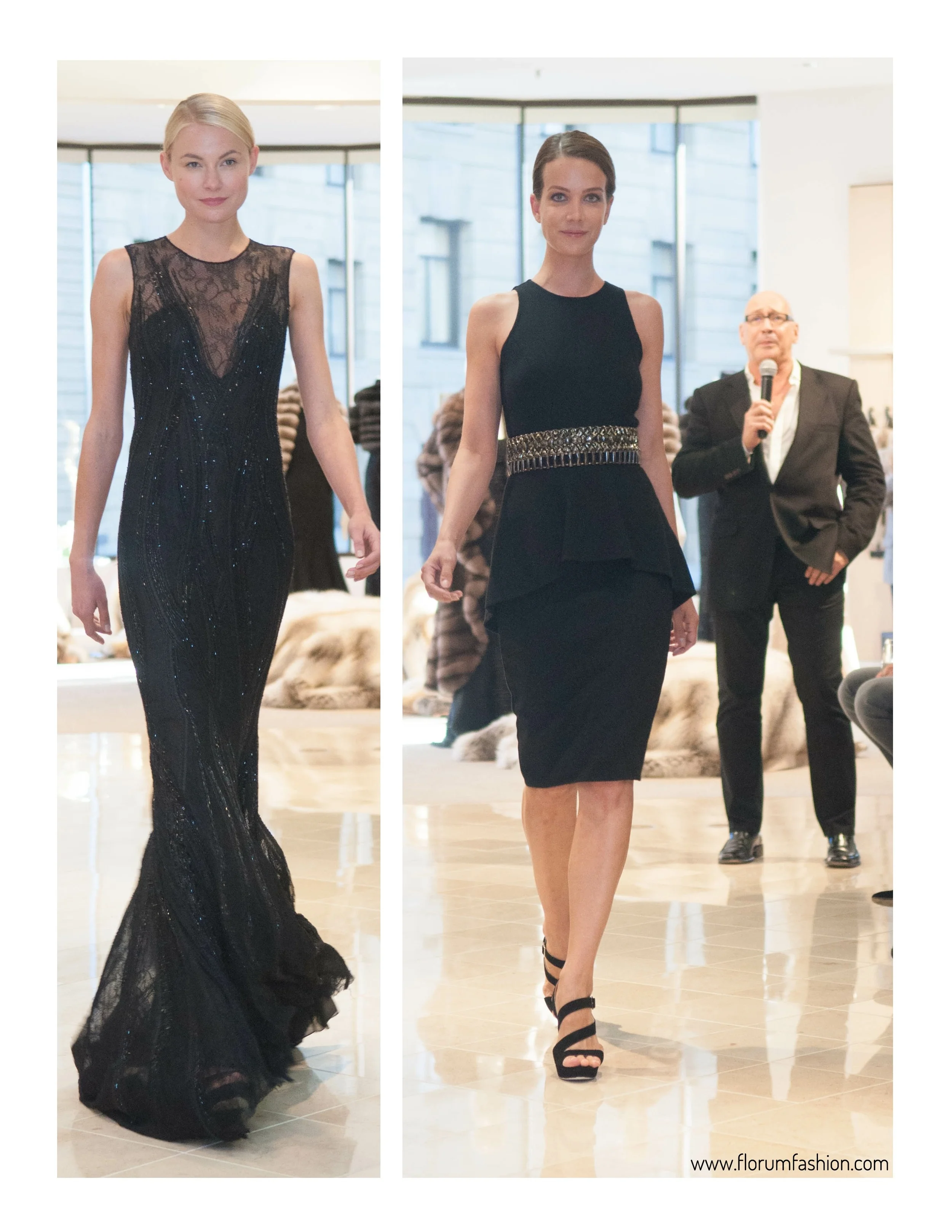 Caemen Marc Valvo talking on the microphone to the Arthritis Auxilliary during his runway show at Saks Fifth Avenue San Francisco